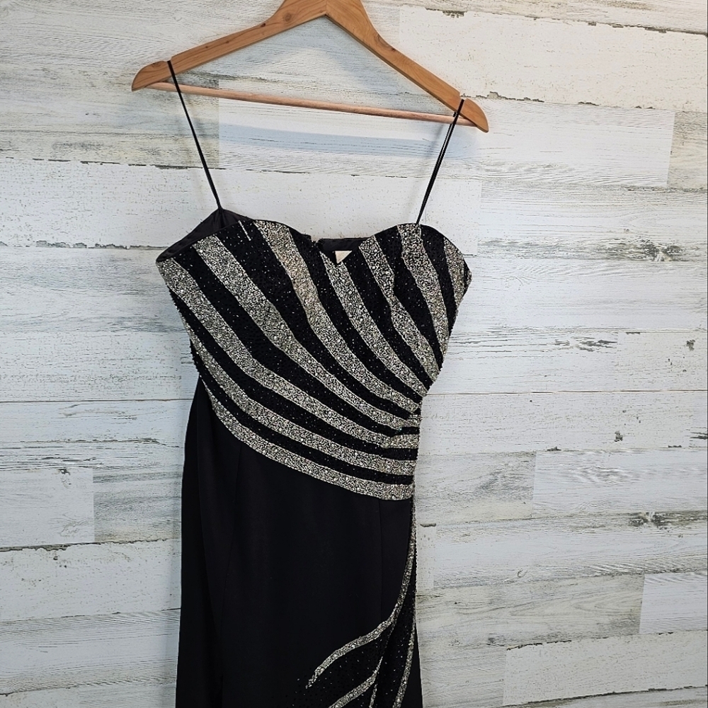 VTG Cassandra Stone Elegant Black Silver Beaded Evening Dress Side Slit Sz 12 - Picture 8 of 14
